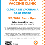 Low Cost Pet Vaccine Clinic May 9 9am-12pm at Dallas Animal Services 1818 N Westmoreland Road, Dallas, TX