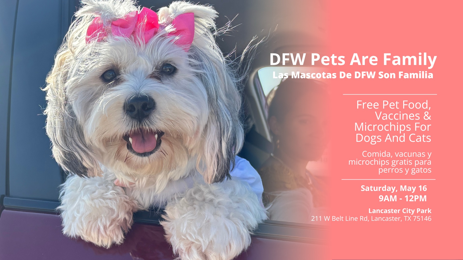 Event flyer to promote DFW Pets Are Family Drive-Thru event for Free pet food, vaccinations & more for dogs and cats.