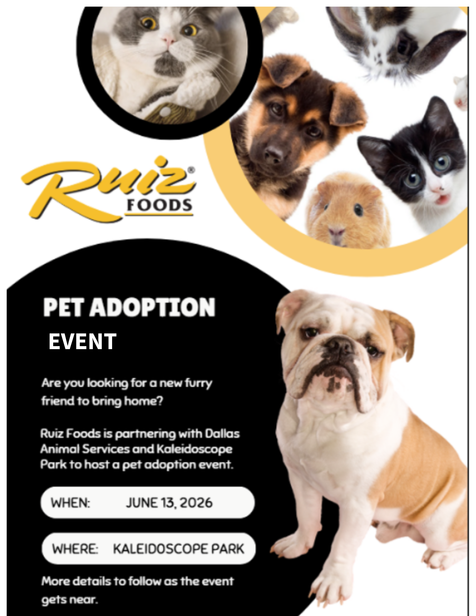 Ruiz Foods is partnering with Dallas Animal Services and Kaleidoscope Park to host a pet adoption event.